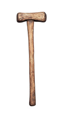 A wooden mallet with a long handle, featuring a flat striking surface and a sturdy design, ideal for various tasks.