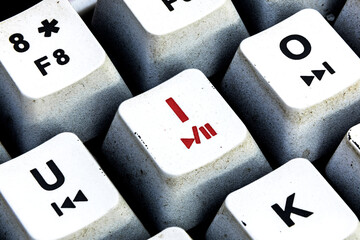 Retro Keyboard with I button in red color. I button keyboard in close up macro