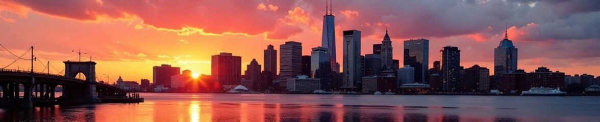 Obraz premium Golden hour hues paint Boston's iconic skyline , skyline, buildings