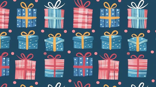 Seamless looping pattern of colorful gift boxes with bows on a dark background.