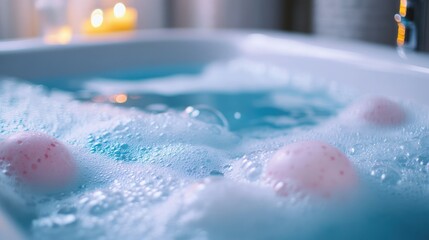 Fototapeta premium Relaxing bath with scented bubbles and ambient candle lighting scene
