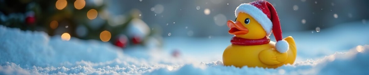 Santa hat-adorned rubber duck in a sparkling winter scene , macro, winter scene, xmas