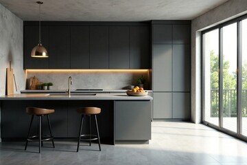 Obraz premium Sleek gray kitchen corner, modern bar seating , metal, upscale