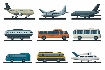 Collection of Airplane and Bus Illustrations: Diverse Transportation Vehicles Shown in Side Profile View on White Background