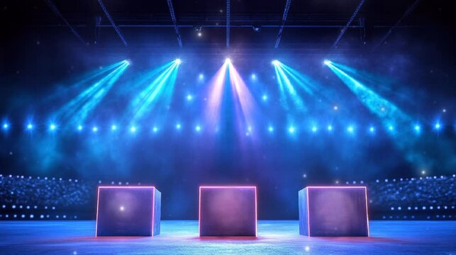  3 podiums marked with ranking and spotlight stage