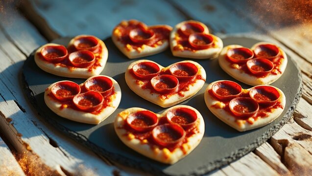 Little pizzas shaped like hearts with heart-shaped pepperoni are presented on a slate plate in a heart shape against a white wooden background.