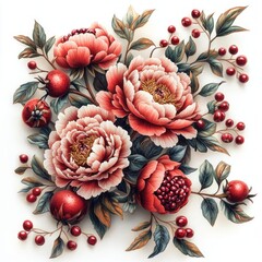 Seamless pattern of red peonies pomegranates berries floral vintage illustration autumn design