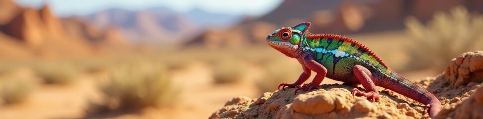 Fototapeta premium Chameleon camouflaged on dry shrub, arid landscape , shrub, color, branch