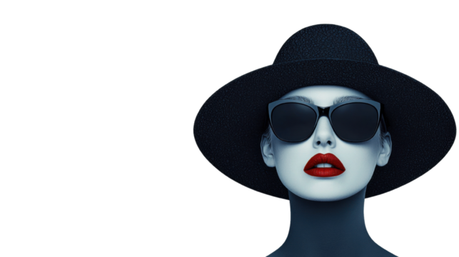 A striking figure with bold red lips, wearing large sunglasses and a wide-brimmed hat, exuding a glamorous and enigmatic aura.