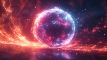 Abstract Glowing Sphere of Neon Particles with Futuristic Light Beams and Symmetrical Design