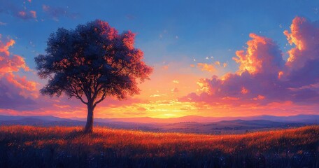 Fototapeta premium Serene Sunset Landscape with Silhouetted Tree and Vibrant Autumn Colors in Clear Blue Sky