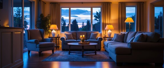 Fototapeta premium Interior of living room featuring a sofa, armchair, table, and illuminated lamps during the evening.