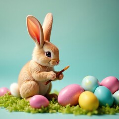 Tiny bunny carefully paints vibrant Easter eggs , wildlife, decorated eggs