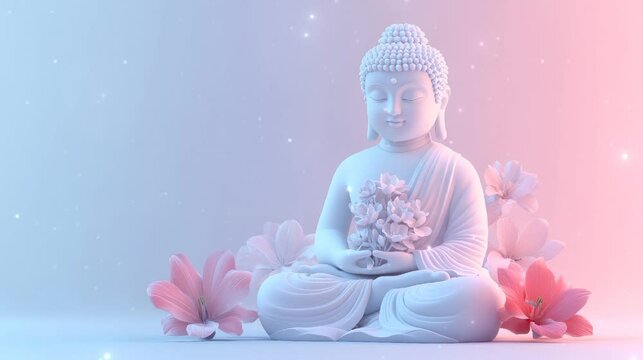 Buddha statue sitting with lotus flowers, and gradient background, Wesak day celebration background