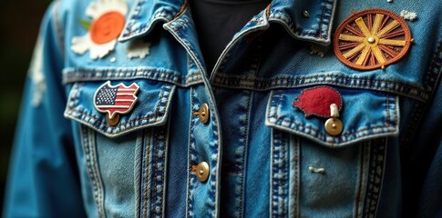 Distressed denim jacket with various fabric badges, product, rustic, texture