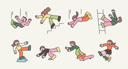 Funny and dynamic cartoon illustration of people falling in various situations, including slipping, tripping, and losing balance. Concept of accidents, danger, and caution.