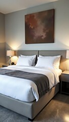King bed, white sheets, gray throw, silver nightstands, table lamps , home decor, bedroom interior
