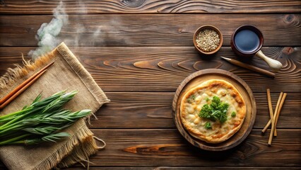 Aromatic Savory Flatbread with Creamy Cheese and Greens Served on Rustic Wooden Table with Chopsticks and Grains