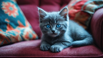 Little grey kitten with blue eyes resting on the couch.