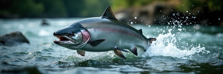 Fototapeta premium Silver salmon leaps upstream, powerful tail churning, upstream, fauna