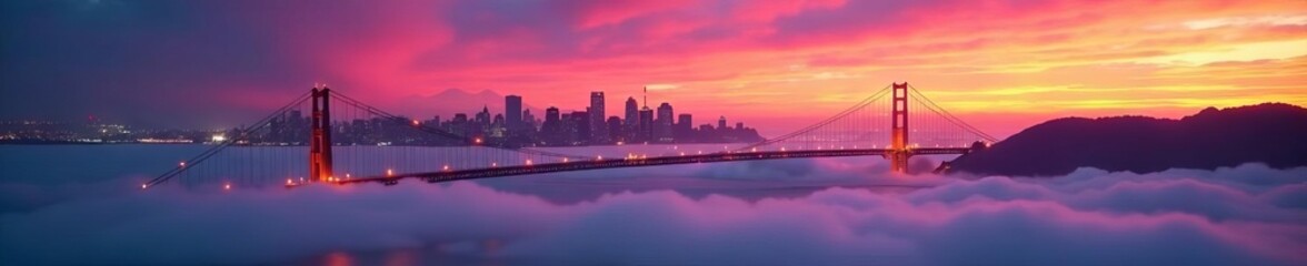 Fototapeta premium Vibrant sunset paints San Francisco's skyline, fog embracing the Bay Bridge , beautiful, iconic