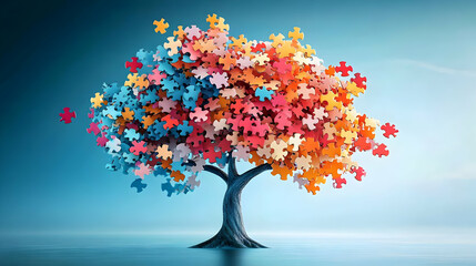 3D Render of Colorful Puzzle Pieces Forming a Tree Abstract Background Illustration