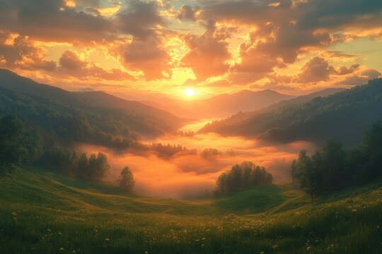 sunrise over misty hills golden light serene landscape rural countryside