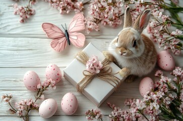 Minimalist Easter Still Life with Bunny, Pink Eggs and Butterfly Ornament on White Wooden Background