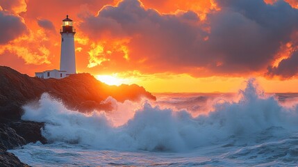 White Lighthouse Stands Against Dramatic Orange Sunset Over Ocean Waves