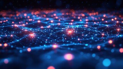 Obraz premium Futuristic Digital Landscape with Glowing Nodes and Cyberpunk Aesthetics in Low-Poly Style