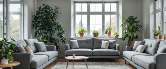 Fototapeta premium Interior of bright living room featuring grey sofas, a window, and houseplants.