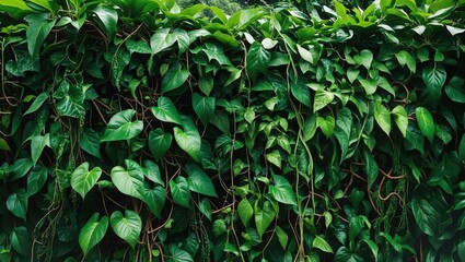 Jungle bush of three-leaved wild vine liana ivy plant thriving alongside long pepper plant in the wilderness, nature frame jungle border isolated on white with clipping path.