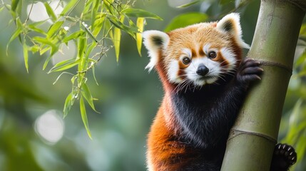 Fototapeta premium Red panda clinging to bamboo