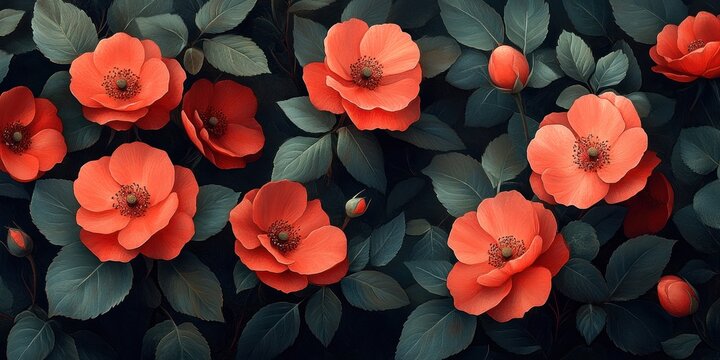 Red Garden Flowers Isolated on White Vintage Illustration of Dahlia Gladiola Aster Peony Hydrangea