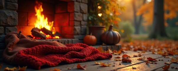 Warm autumn fireplace, cozy blankets, fall leaves, decor, hygge, sofa