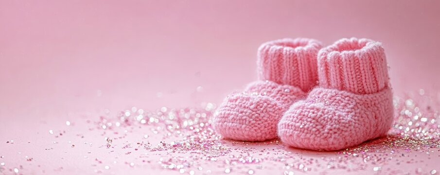 Pink Baby Booties on Pastel Pink Background with Sparkling Confetti Ideal for Baby Shower, Newborn Arrival, Cute Postcard Design