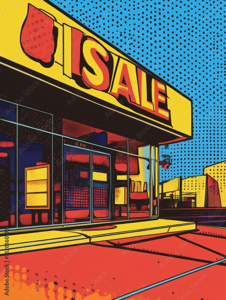 Poster vibrant pop art storefront with bold sale signs in a dynamic city setting showcasing vibrant colors 