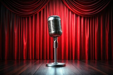 A classic microphone stands ready on a dark wooden stage, before a rich red curtain, awaiting a performance.