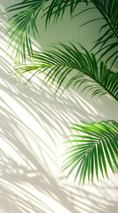 Fototapeta premium Lush Green Palm Fronds Cast Shadows on a Light Beige Wall, Creating a Tropical Aesthetic Background.