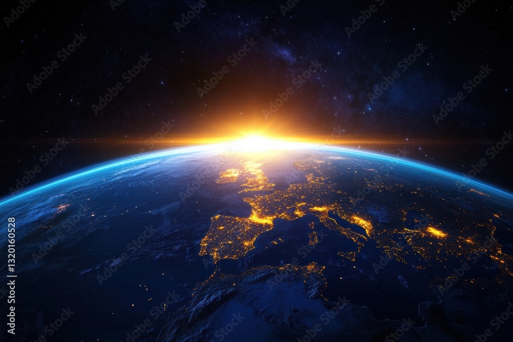 Poster Night view of planet Earth from space highlighting global communications and connection lines over Europe