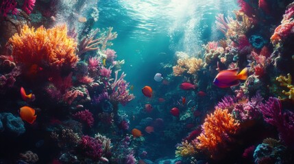 Obraz premium Underwater Coral Garden: A vibrant coral reef teeming with life, where an array of colorful fish swim amidst an explosion of coral formations under the sun-dappled ocean surface. 