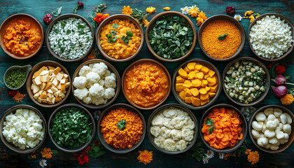 Assorted Colorful Vegetarian Dishes in Bowls Overhead Studio Shot on Rustic Wood Background