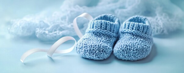 Blue Baby Knitted Shoes for Newborns on Light Cyan Background Perfect for Baby Shower and Newborn Celebrations