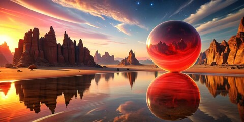 Serene Sunset Landscape Featuring a Giant Reflective Orb Resting on Still Water, Mirroring the Dramatic Rock Formations and Vivid Sky
