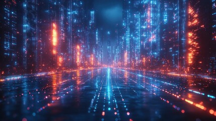 Futuristic Digital Abstract Artwork with Cyberpunk Aesthetic and Glowing Neon Structures