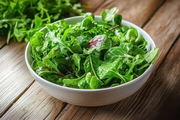 Fresh Green Salad with Arugula Spinach Lettuce and Vegetables in a White Bowl