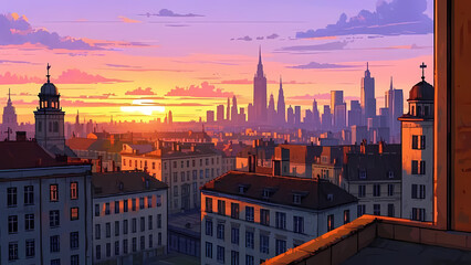 Fototapeta premium Vintage city view from a high-rise apartment window, warm sunset hues, pixelated details