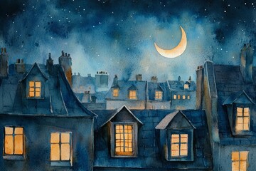 Fototapeta premium watercolor painting of a peaceful night sky with a crescent moon, framed by the rooftops of a small town. The windows glow softly with warm light, on isolated white background