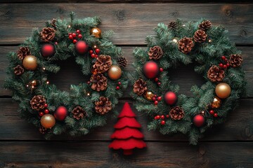Christmas Wreaths with Ornaments on Rustic Wooden Background