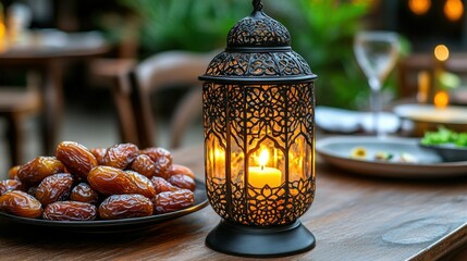 Intricate lantern illuminates dates & a table setting at dusk